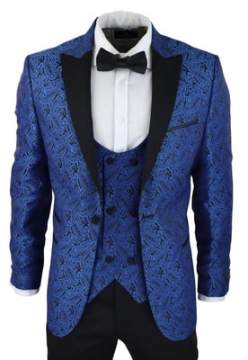 Heren blauwe smoking blazer vest brokaat zwart satijn paisley dinerjack