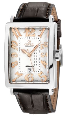 Gevril Men's Avenue of America's SS Case, Silver/RG Dial, Genuine Italian Handmade Leather Strap