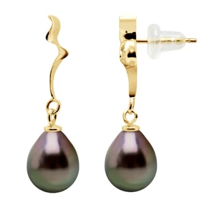 DIADEMA - Earrings - Fantasy Patern in Yellow Gold and Real Tahitian Pearls