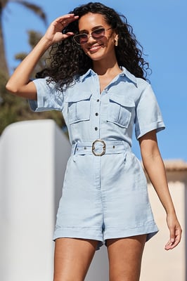 Blue Linen Blend Utility Playsuit