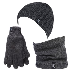Heat Holders - Thermal Winter Fleece Cable Knit Hat, Neck Warmer and Gloves set for Men - Grey