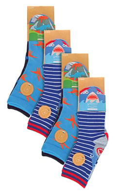 12 Pair Multipack Kids Novelty Bamboo Trainer Socks | Sock Snob | Breathable Low Cut Socks with Fun Designs - Pack 1 (Sharks & Dinosaurs)