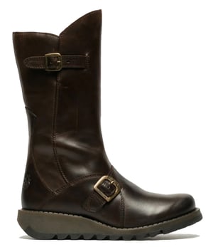 Fly London Dames Bruine MES 2 Wedge Heel Buckle Mid-Calf Leren Zip Platform Laarzen