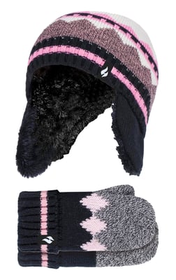 Heat Holders - Girls Nordic Pattern Fairisle Design Trapper Hat with Pom Pom and Mittens Gloves Set - Black