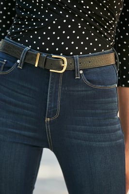 Black Croc Leather Waist Belt With Gold Trim