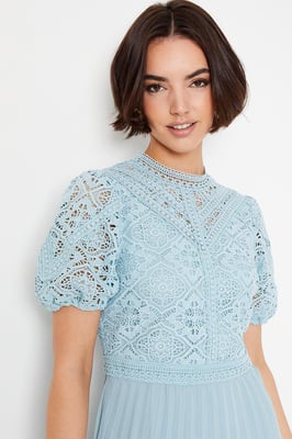 Lace Puff Sleeve Pleated Midi Dress