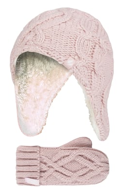 Heat Holders - Girls Majestic Soft Cosy Cable Knitted Design Bobble Trapper Hat and Mittens Gloves Set - Dusky Pink