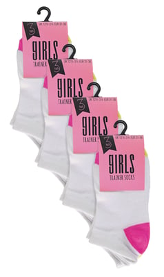 12 Pair Multipack Girls Low Cut Trainer Socks in White | Kids No Show Athletic Running Socks with Contrast Heel & Toe - White