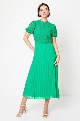 Lace Puff Sleeve Pleated Midi Dress