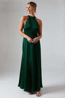 Wrap Waist Detail Satin Halter Neck Bridesmaids Dress