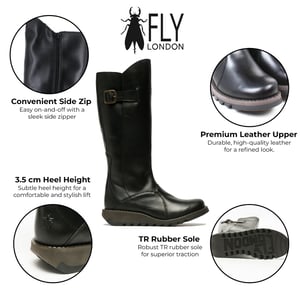 Fly London Dames Zwarte MOL 2 Leren Wedge Heel Kniehoge Rits Laarzen