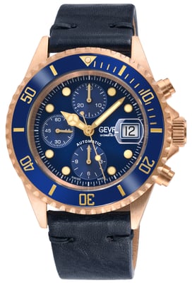 Gevril Mens Wall Street Swiss Automatic ETA 7750 Ceramic Bezel, Genuine Handmade Italian Leather Watch
