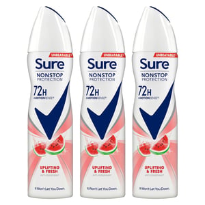 Sure Women Antiperspirant 72H Nonstop Protection Deo Uplifting&Fresh 150ml, 3pk
