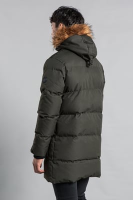 Khaki Padded Longline Coat With Faux Fur Hood