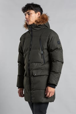 Khaki Padded Longline Coat With Faux Fur Hood