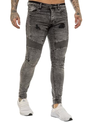 Enzo | Heren Skinny Stretch Biker Denim Jeans - Black Acid
