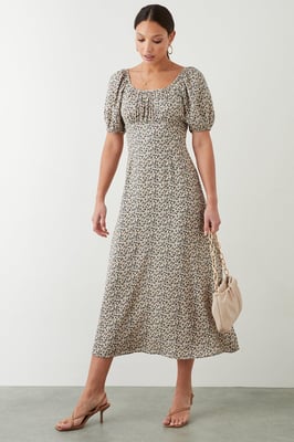 Ditsy Floral Ruched Scoop Neck Midi Dress