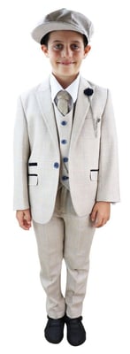 Boys 3 Piece Cream Herringbone Tweed Check Classic Suit