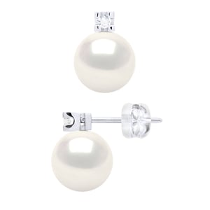Oorbellen Prestige - Diamanten 0,04 Ct - Kwaliteit HSI - Wit Goud 375 en Echte Zoetwaterparels Rond 8-9 mm