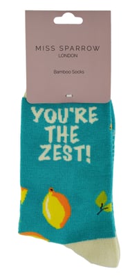 Women's Novelty Funny Fruit Socks | Miss Sparrow | Funky Watermelon Avocado Lemons Design Bamboo Socks - Lemon (Turquoise)