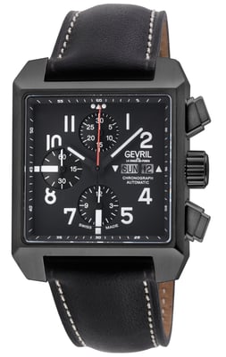 Gevril Men's Herald Square Chronograph  IP/BLK Case, Black Dial, Black Handmade Italian Leather Strap Watch