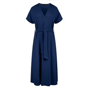 Blauwe jersey midi-jurk met riem