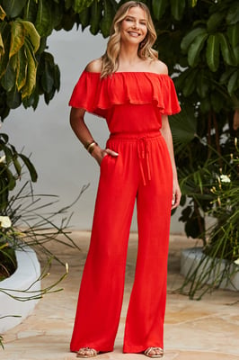 Red Crinkle Wide Leg Trousers