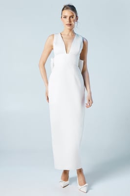 Plunge Neck Structured Satin Bow Back Wedding Dress