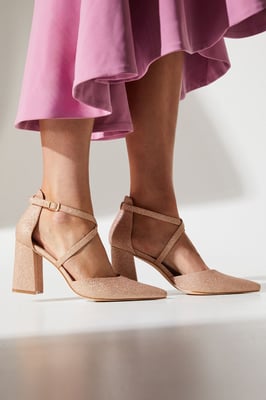 Wide Fit Treat Glittter Cross Strap Pointed Block Heel Court Shoes