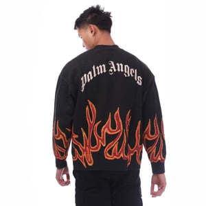 Men's Palm Angels Garment Dye Graffiti Flames Crewneck Sweatshirt in Black Red