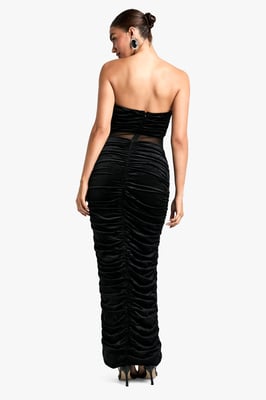 Velvet Mesh Plunge Ruched Maxi Dress