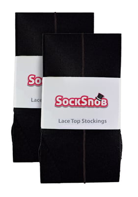 2 Pair Multipack Women's Seamed Stockings with Lace Top | Sock Snob | Ladies Thigh High Stockings - Black / Black