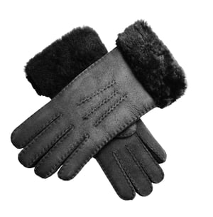 Womens Genuine Black Sheepskin Suede Gloves with Fur Cuff