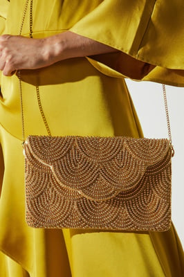 Pearl Beaded Scallop Clutch Bag With Shoulder Strap