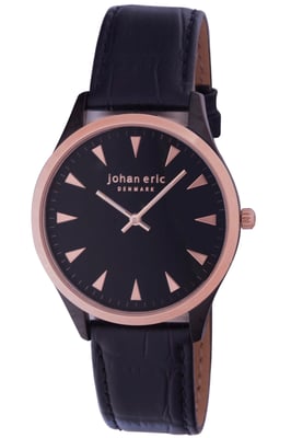 Johan eric: helsingør, men's, black dial watches w triangular rose gold tone hr-markers, black ip case w rose gold ip bezel ring & crown, black calfskin band