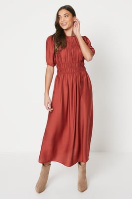 Petite Shirred Bodice Puff Sleeve Midi Dress