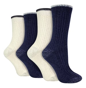 4 Pack Ladies Cable Knit Socks | Wildfeet | Lurex Glitter Socks for Women - Blue/Cream