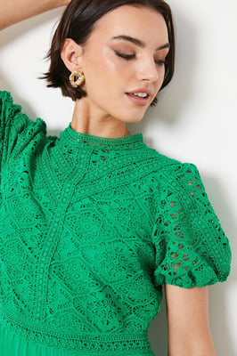 Lace Puff Sleeve Pleated Midi Dress
