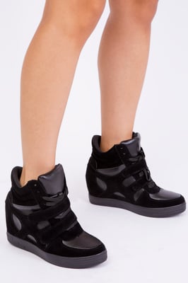 Where's That From Womens Hitop Wedge Trainers With A Front Lace Up And Velcro - Black