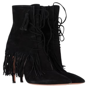 Aquazzura Mustang 105 Fringe Heeled Ankle Boots in Black Suede