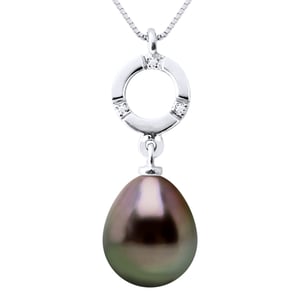 Pendant Jewelry 0,01 Cts White Gold 375 and Real Cultured Tahiti Pearl Pear 9-10 mm