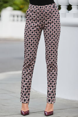 Burgundy Geometric Print Tapered Leg Trousers