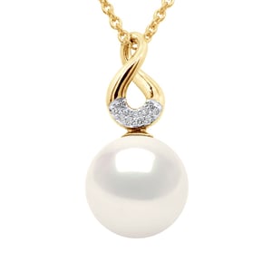 Parel Acht Geelgoud - Diamanten 0,03 Cts - Echte Gecultiveerde Zoetwater Parel Rond 9-10 mm