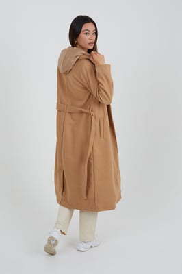 Camel Faux Wool Maxi Hooded Trench Coat