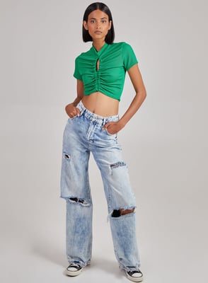 Short Sleeve Gathered Keyhole Ribbed Top