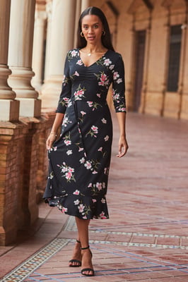 Black & White Floral Print Jersey Midi Dress
