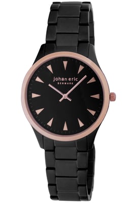 Johan eric: helsingør, men's, black dial watch w triangular rose gold tone hr-markers, black ip case & bracelet with rose gold ip bezel ring and crown