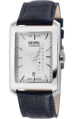 Gevril Mens Manhattanhenge  Automatic Stainless Steel Watch, Genuine Handmade Italian Blue Leather Strap with Tang Buckle..