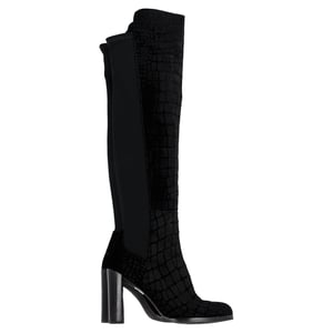 Stuart Weitzman Crocodile-Embossed Knee-High Heeled Boots in Black Velvet