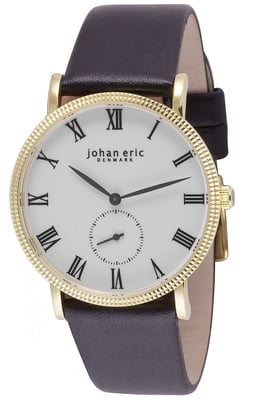 Johan eric men's watch, yellow gold case, white dial, black leather strap